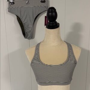 Striped  Olive Green& White Racerback Bikini Set NWT Medium